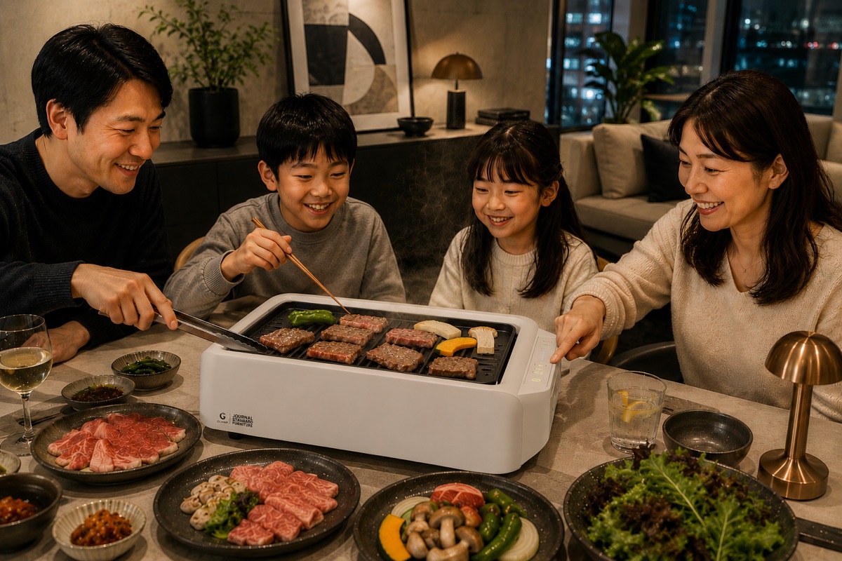 超少煙グリルDX JOURNAL STANDARD FURNITURE限定カラー 家族での使用イメージ